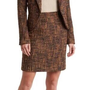 Amanda + Chelsea Boucle Tweed Skirt Modern Fit Pencil Mini Brown Gold NWT XS